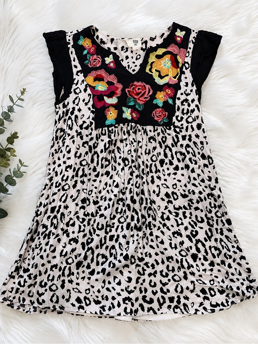 Savanna Jane Black & White Leopard Tunic with Multicolor Floral Embroidery